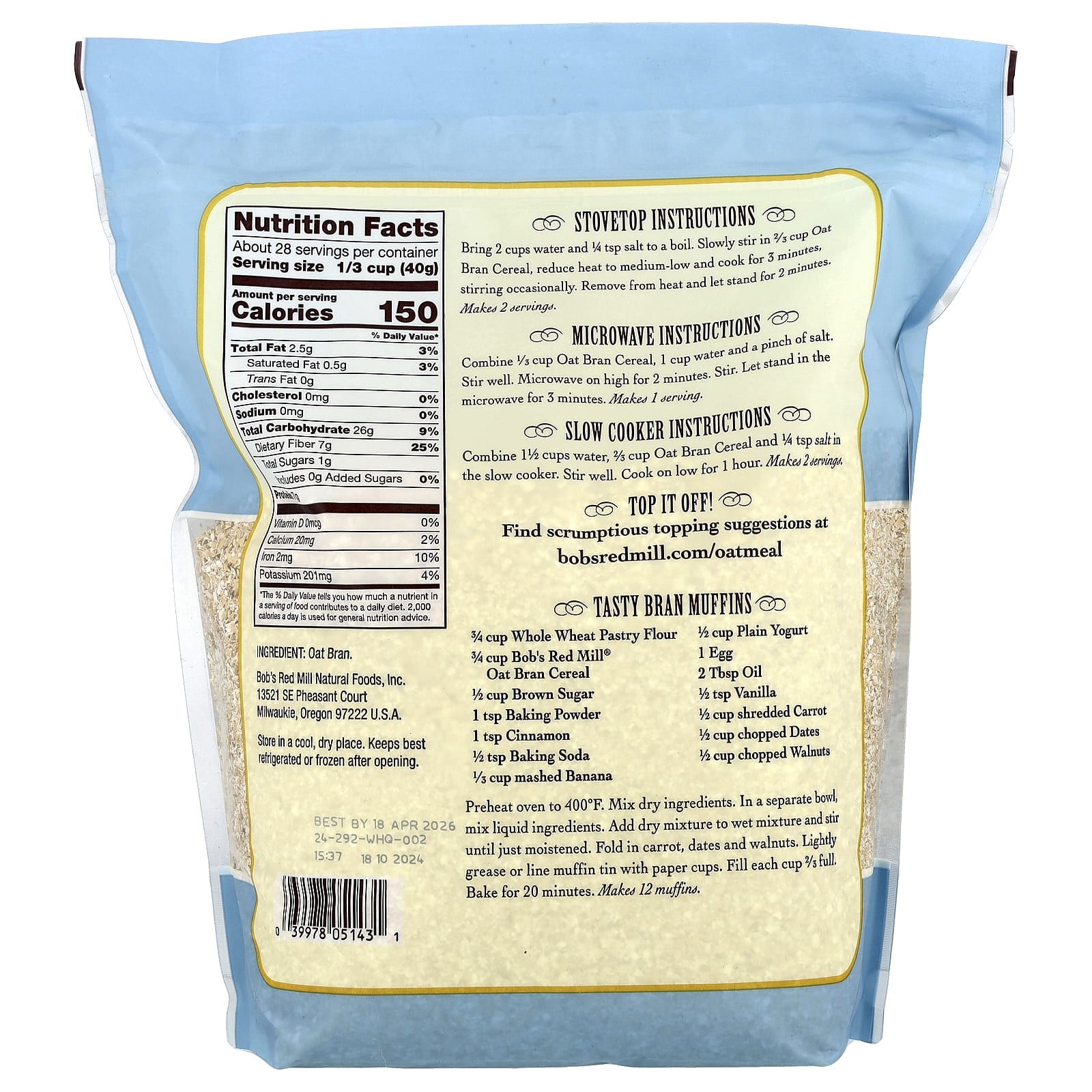 Bob's Red Mill, High Fiber Oat Bran Hot Cereal, 40 oz (1.13 kg) - Image 2