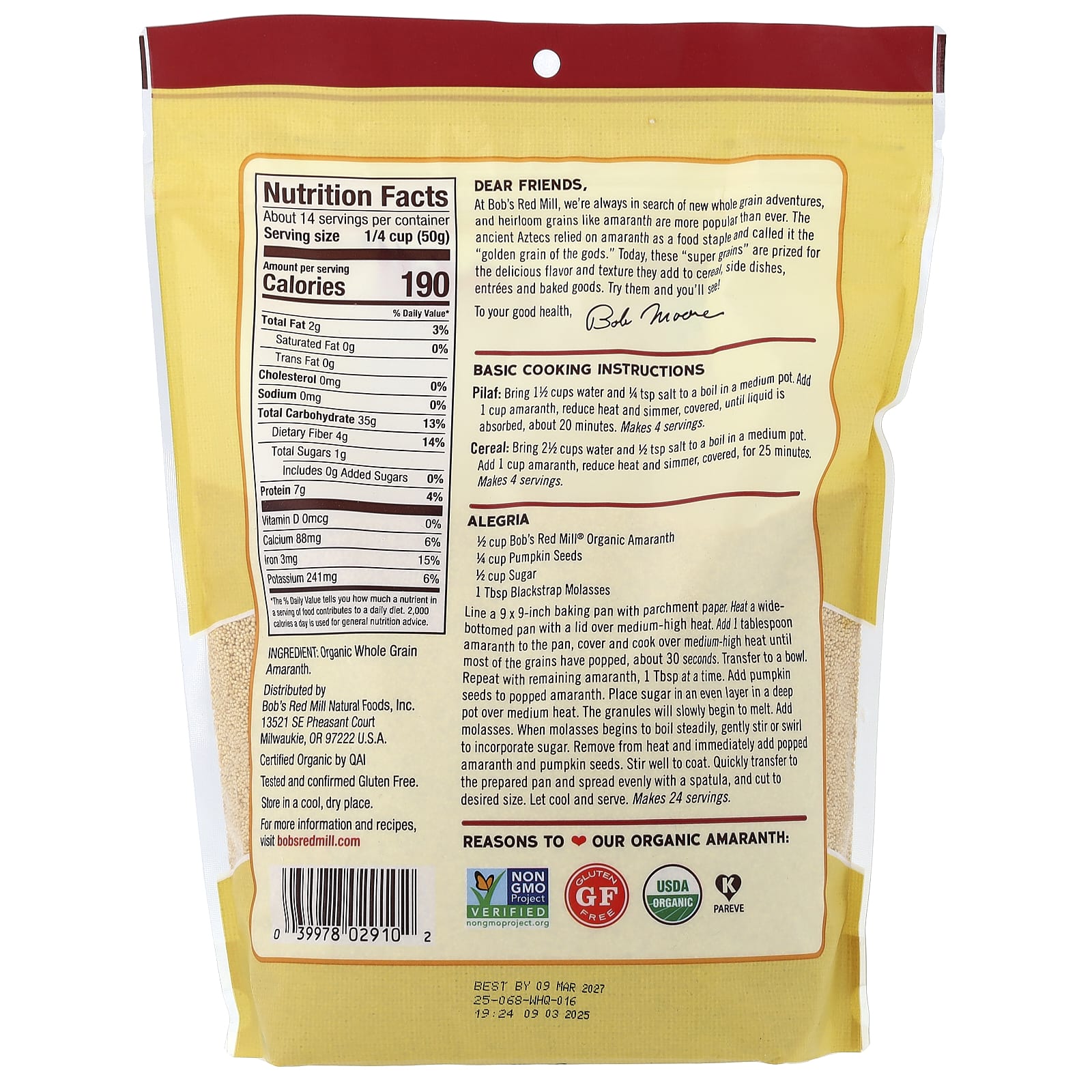 Bob's Red Mill, Organic Amaranth, Whole Grain, 24 oz (680 g) - Image 2