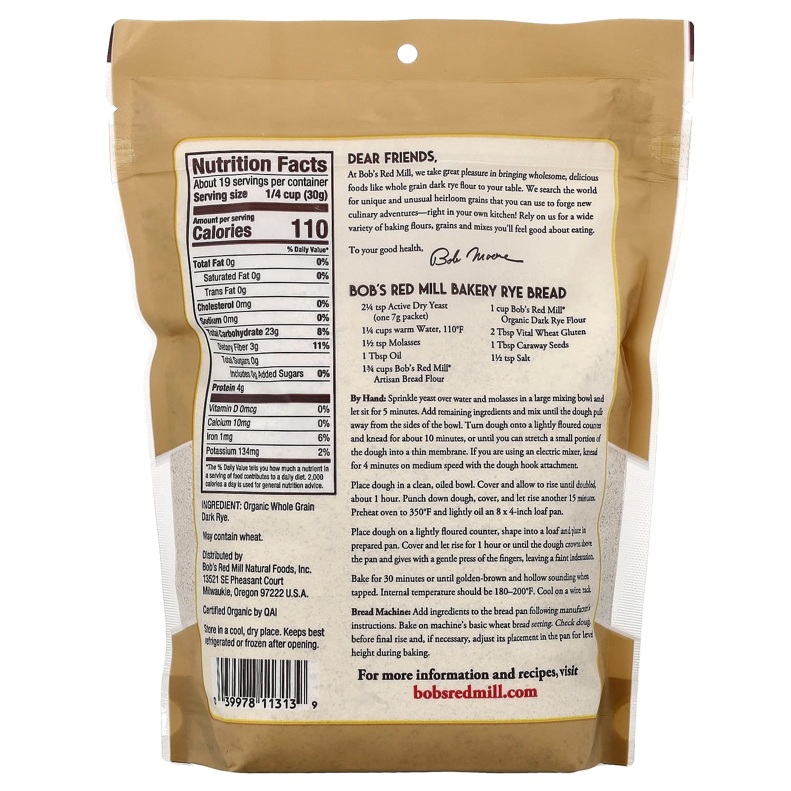 Bob's Red Mill, Organic Dark Rye Flour, Whole Grain, 20 oz (567 g) - Image 2