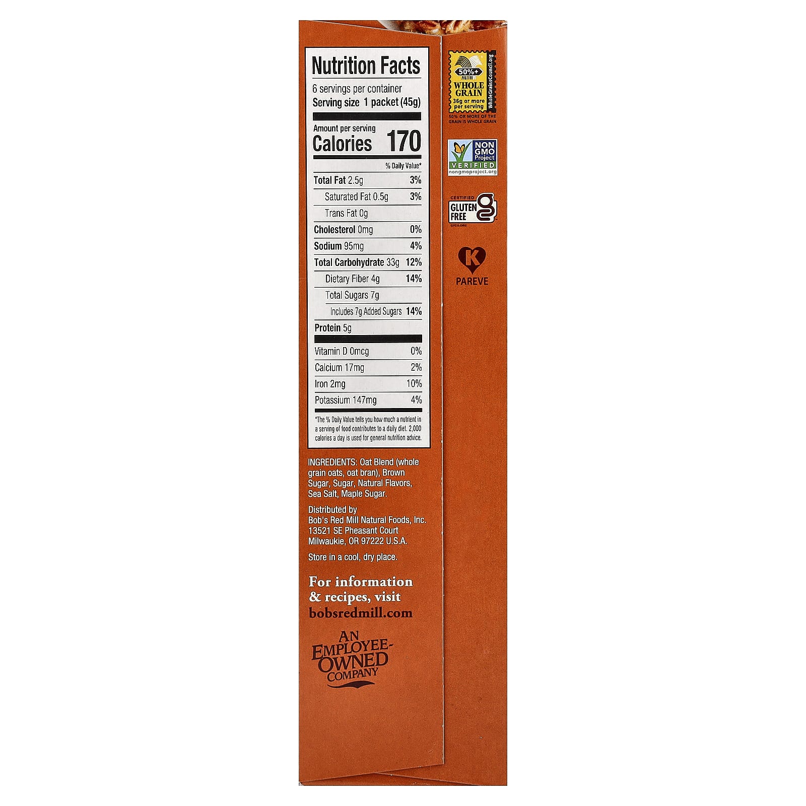 Bob's Red Mill, Instant Oatmeal, Whole Grain, Maple Brown Sugar, 6 Packets, 1.59 oz (45 g) Each - Image 2
