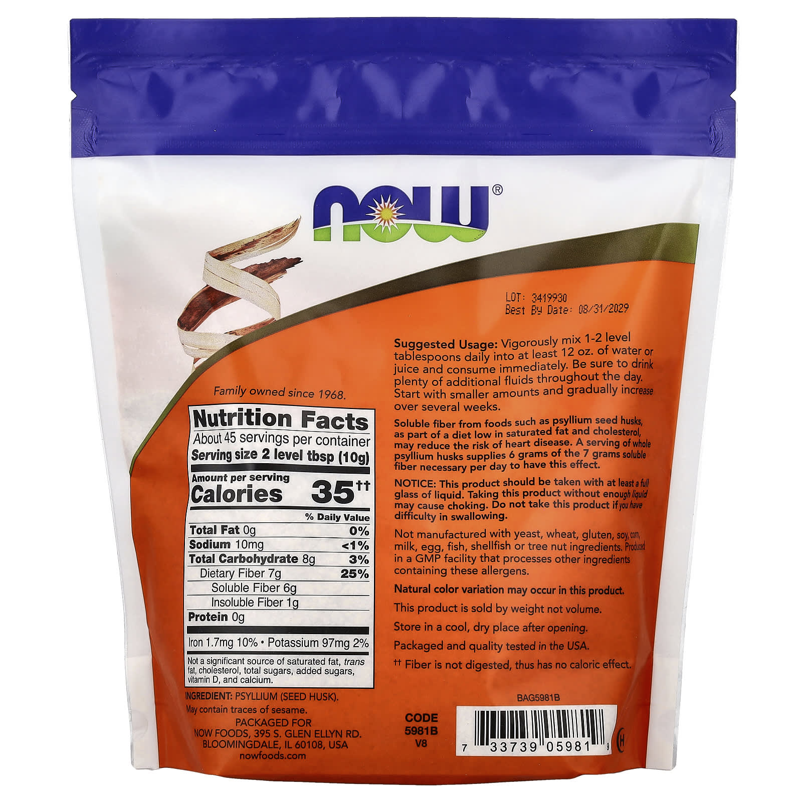 NOW Foods, Whole Psyllium Husks, 16 oz (454 g) - Image 2