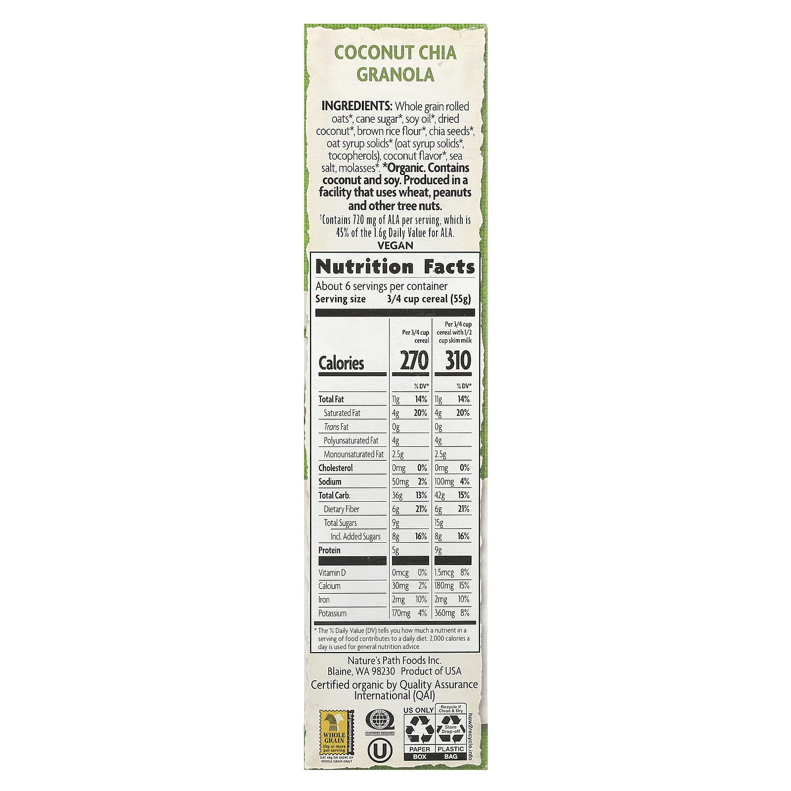 Nature's Path, Organic Coconut Chia Granola Cereal , 12.34 oz (350 g) - Image 2