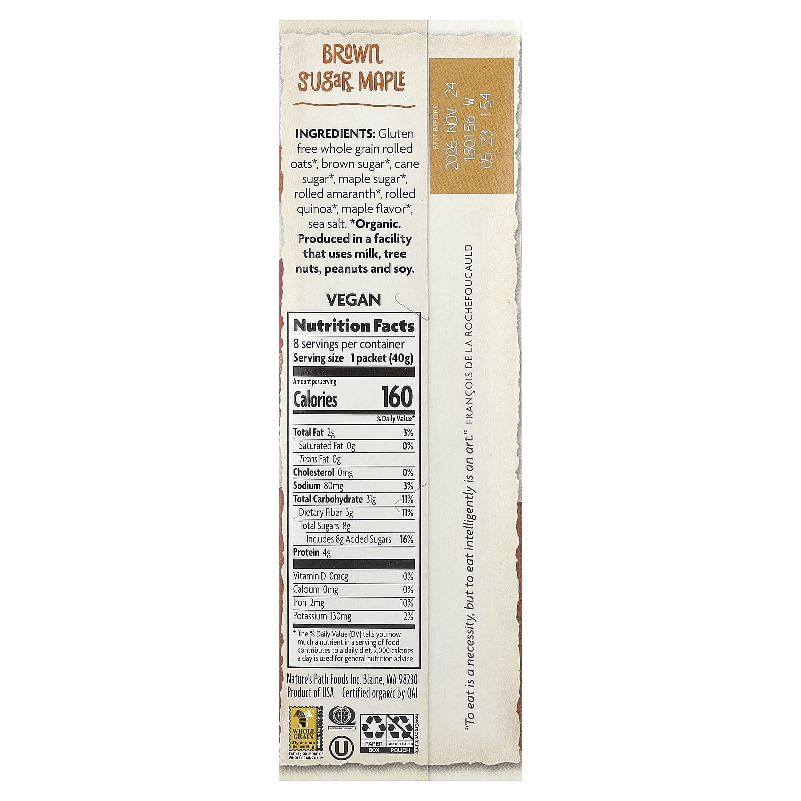 Nature's Path, Organic Instant Oatmeal, Brown Sugar Maple, 8 Packets, 11.3 oz (320 g) - Image 2