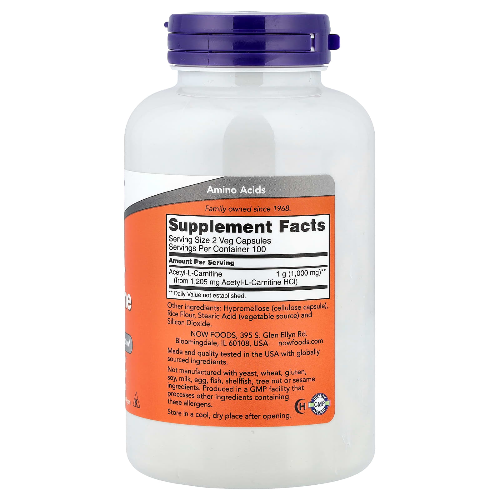 NOW Foods, Acetyl-L-Carnitine, 500 mg, 200 Veg Capsules - Image 2