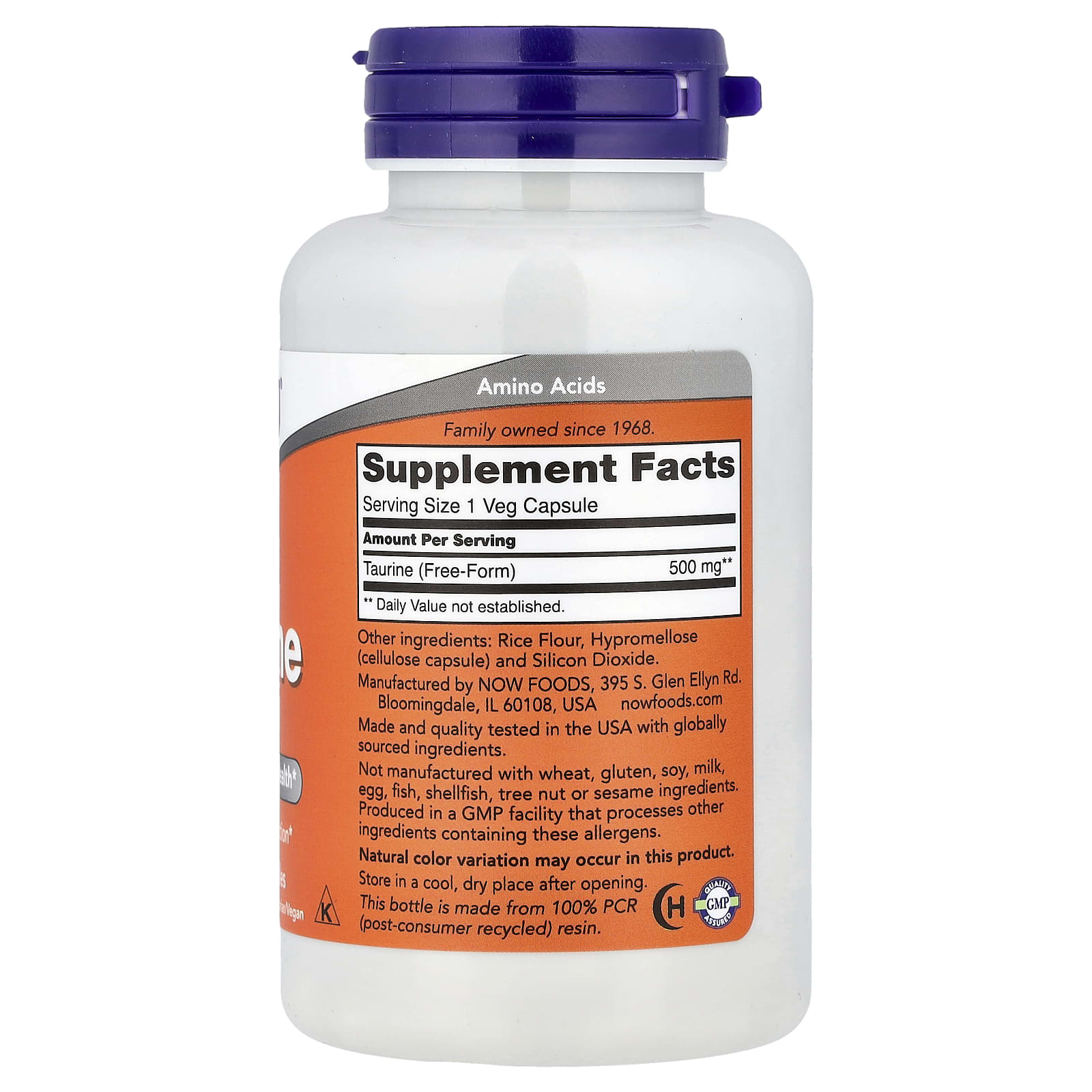 NOW Foods, Taurine, 500 mg, 100 Veg Capsules - Image 2