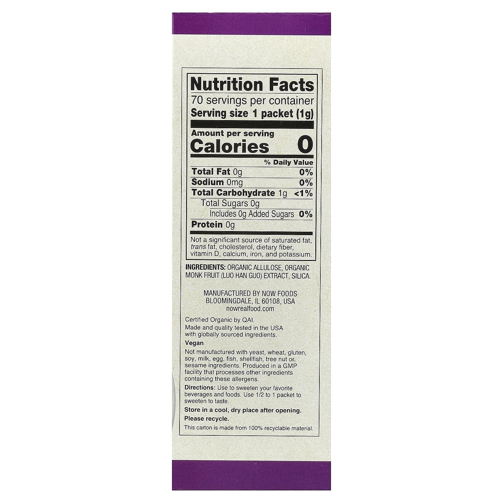 NOW Foods, Organic Monk Fruit, Zero-Calorie Sweetener, 70 Packets, 0.035 oz (1 g) Each - Image 2